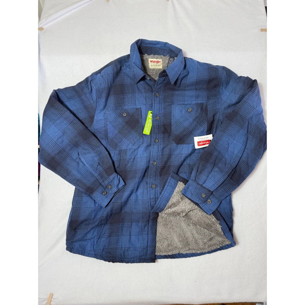 Wrangler Authentic Mens Blue Plaid Sherpa Lined Flannel Shirt Jacket 10ZHCESAH L